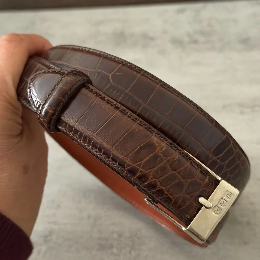 Vintage Ralph Lauren Brown Leather Embossed Crocodile Belt Silver Tone Buckle M